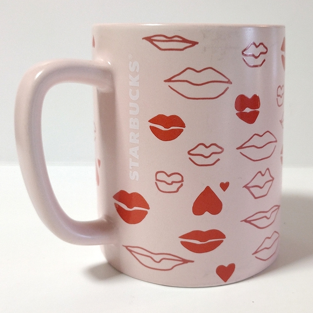 Starbucks Valentines Mug Pink Red Hearts and RED Lips Ceramic Mug Cup 14 oz.